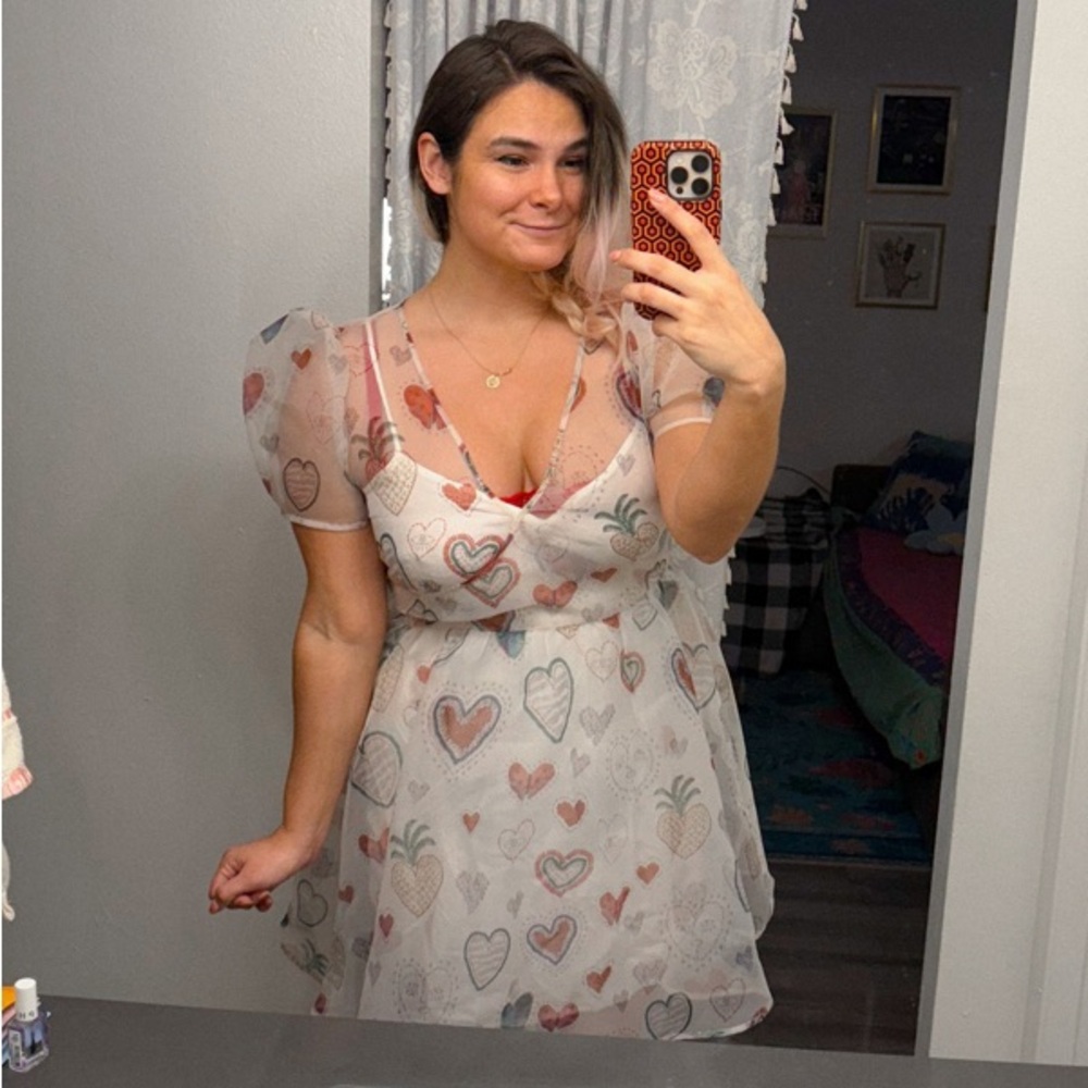 NWT $228 Anthropologie x Farm Rio Semi Sheer Puff-Sleeve Mini Heart Dress S - Picture 3 of 16